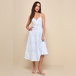 New Lulus Sunny Poise White Cotton Eyelet Embroidered Midi Dress Small